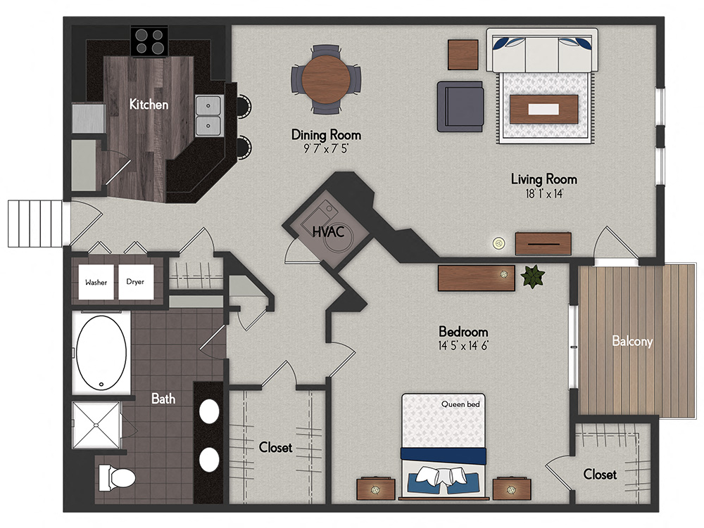 Floor plan for 1 bed, 1 bath, 1155 sqft